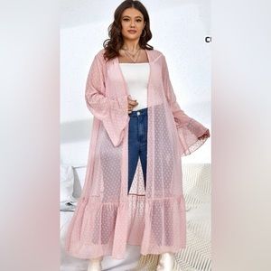 Plus Swiss Dot Flounce Sleeve Ruffle Hem Open Front Kimono